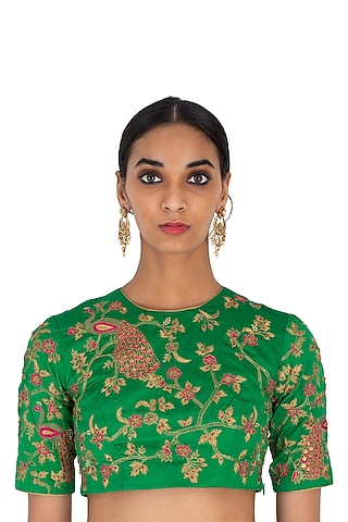 Green Silk Floral Jaal Embroidered Blouse by Raw Mango