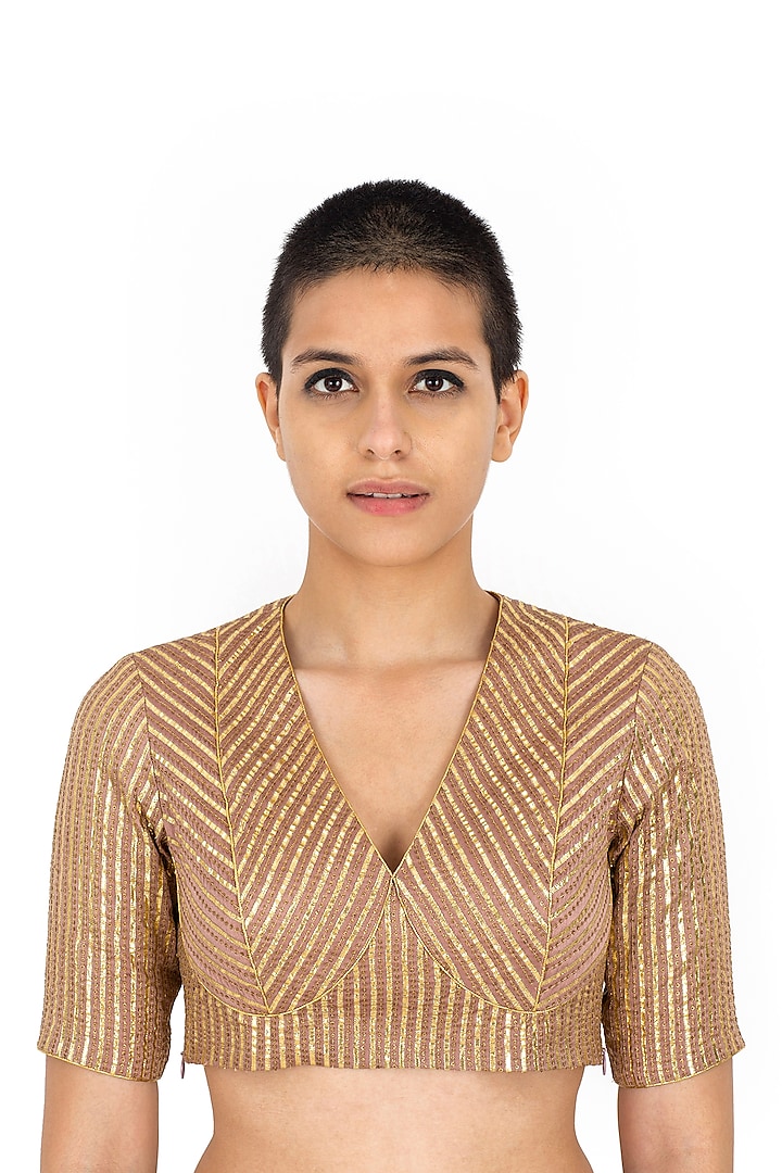 Blush Pink Silk Embroidered Striped Blouse by Raw Mango at Pernia's Pop Up Shop