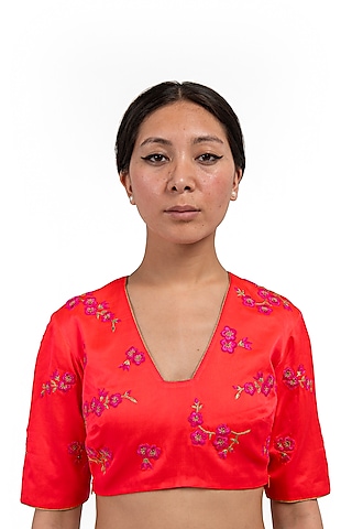 Orange Satin Silk Zardosi Embroidered Blouse by Raw Mango