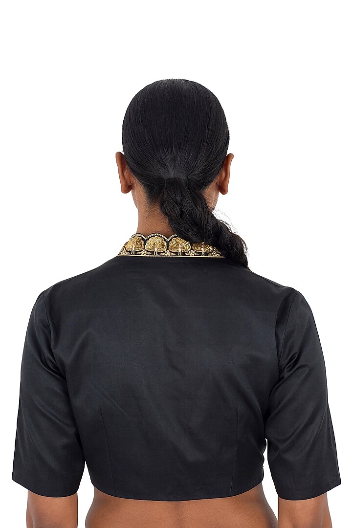 Black Satin Silk Peacock Motif Embroidered Blouse by Raw Mango at Pernia's Pop Up Shop