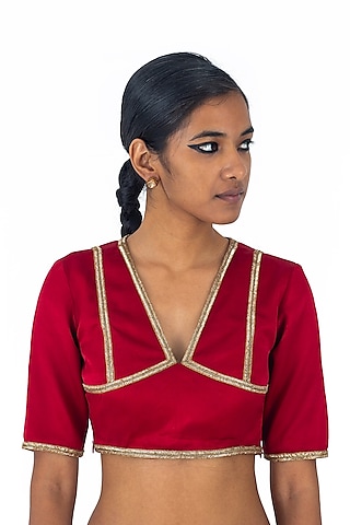 Maroon Satin Silk Hand Embroidered Blouse by Raw Mango