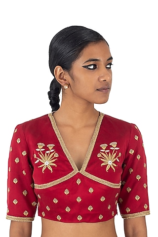 Red Satin Silk Zardosi Embroidered Blouse by Raw Mango