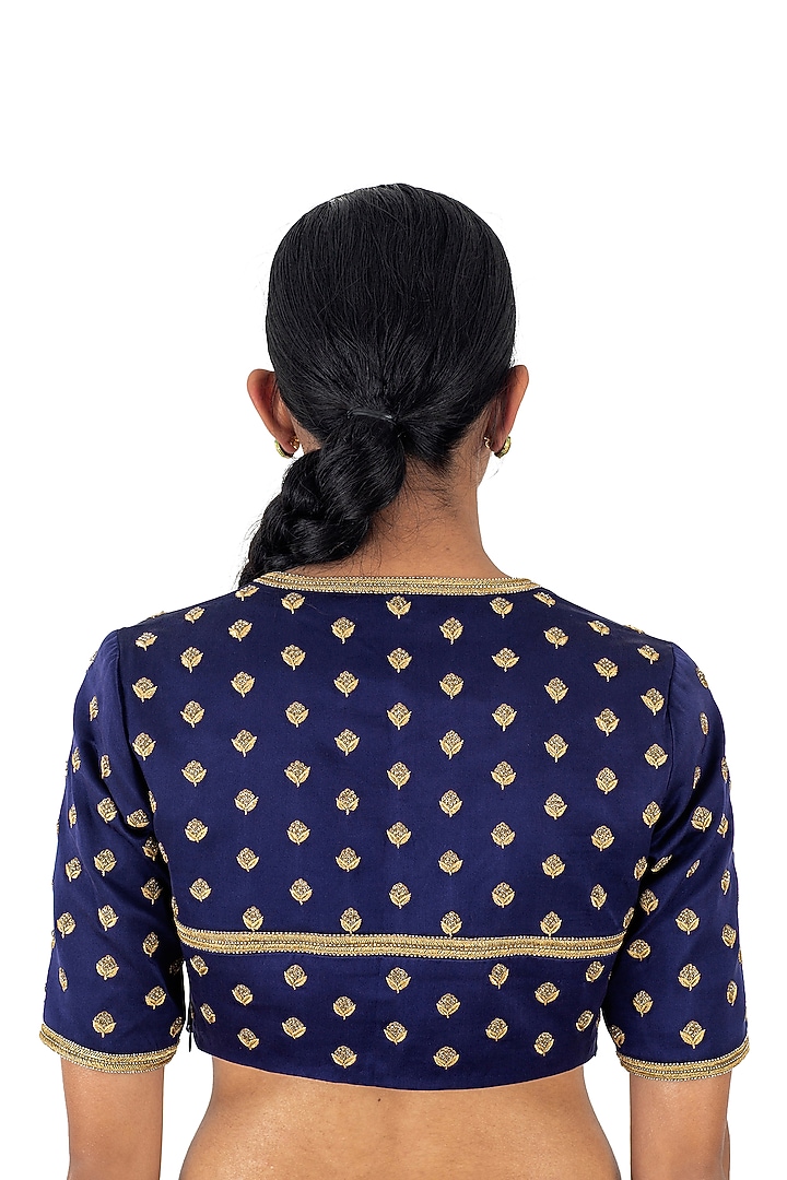 Indigo Blue Satin Silk Zardosi Embroidered Blouse by Raw Mango at Pernia's Pop Up Shop