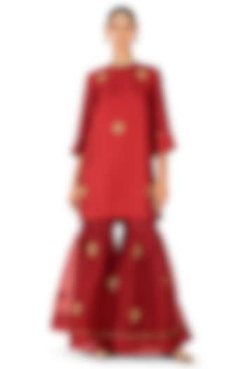 Brick Red Sheer Organza Boota Hand Embroidered Gharara Set by Raw Mango at Pernia's Pop Up Shop