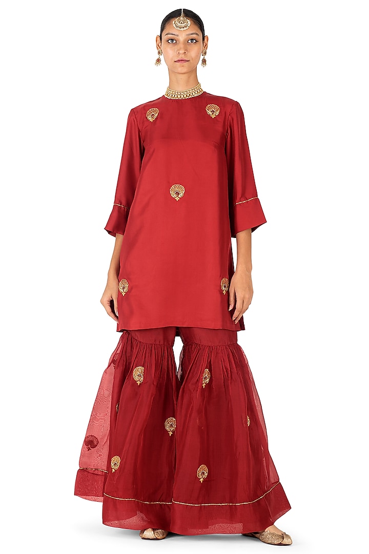 Brick Red Sheer Organza Boota Hand Embroidered Gharara Set by Raw Mango at Pernia's Pop Up Shop