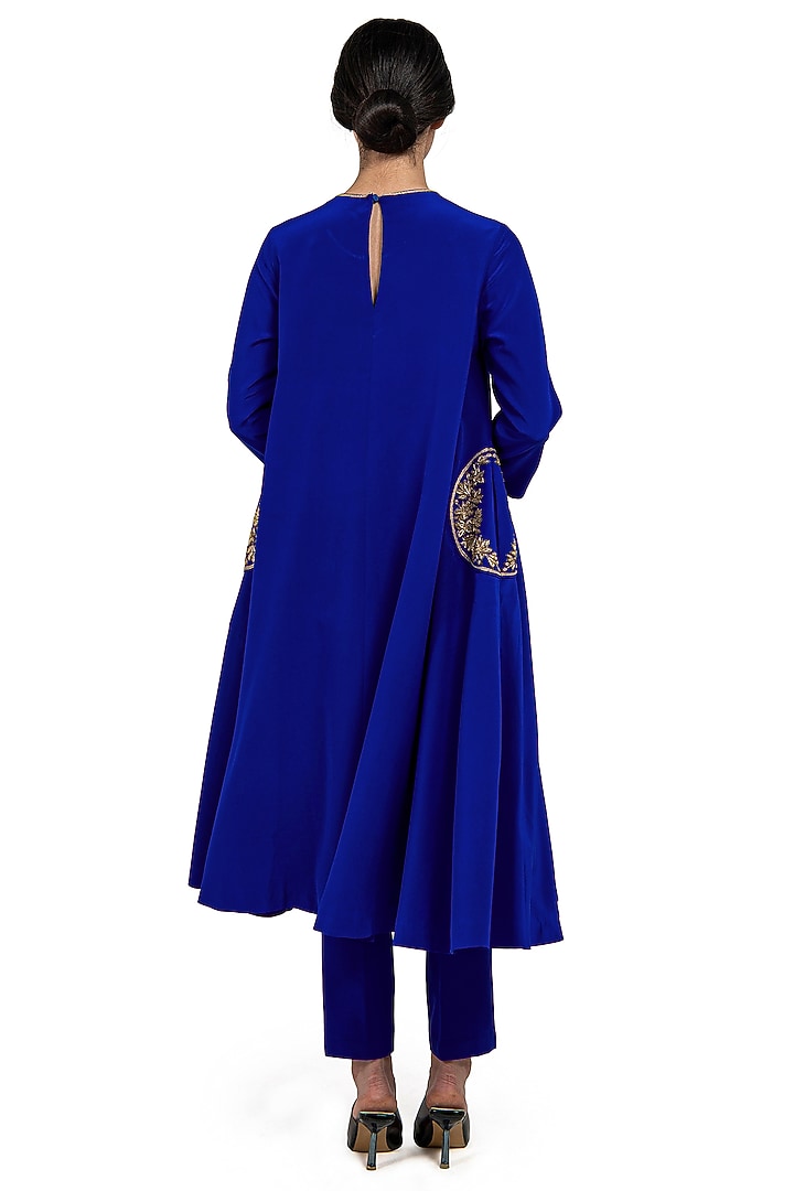 Electric Blue Silk Crepe Zardosi Embroidered Kurta Set by Raw Mango at Pernia's Pop Up Shop