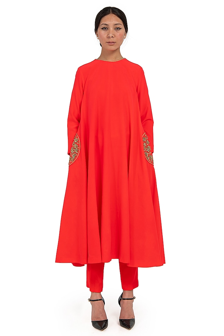 Orange Silk Crepe Zardosi Embroidered Kurta Set by Raw Mango at Pernia's Pop Up Shop