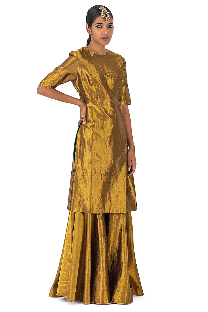 Gold Silk Twill Sharara Set by Raw Mango at Pernia's Pop Up Shop