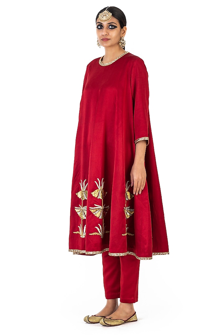 Red Silk Twill Hand Embroidered Kurta Set by Raw Mango at Pernia's Pop Up Shop