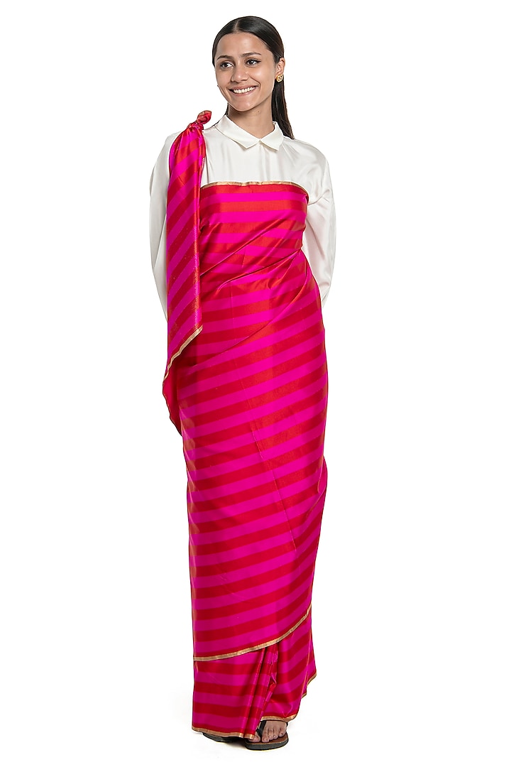 Red & Rani Pink Silk Striped Handwoven Saree by Raw Mango at Pernia's Pop Up Shop