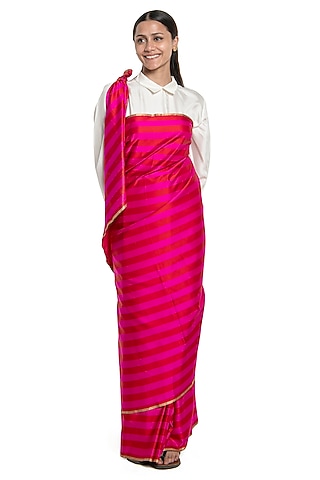 Red & Rani Pink Silk Striped Handwoven Saree by Raw Mango