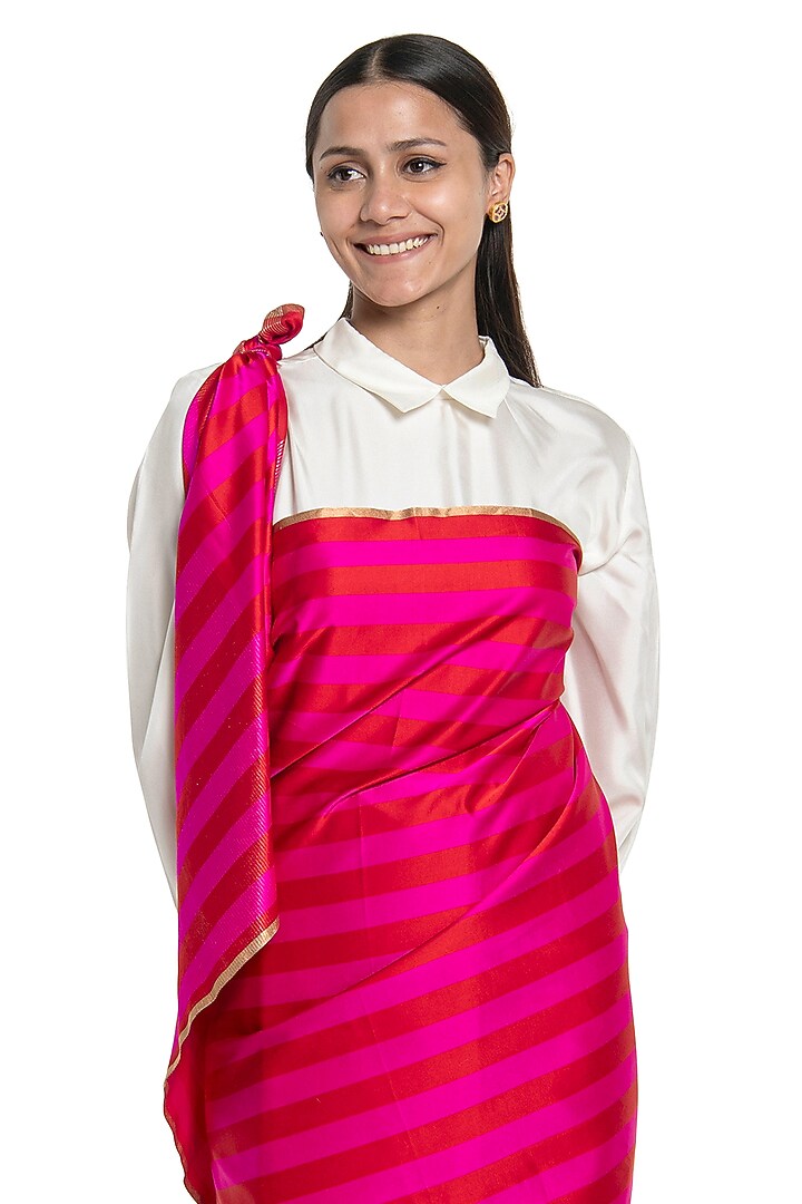Red & Rani Pink Silk Striped Handwoven Party Wear Saree by Raw Mango at Pernia's Pop Up Shop