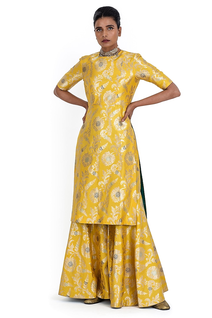 Yellow Varanasi Silk Brocade Sharara Set by Raw Mango at Pernia's Pop Up Shop