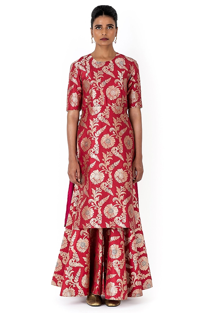 Red Varanasi Silk Brocade Sharara Set by Raw Mango at Pernia's Pop Up Shop