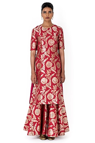 Red Varanasi Silk Brocade Sharara Set by Raw Mango