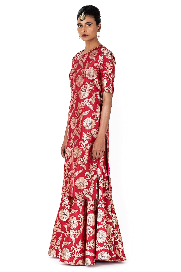 Red Varanasi Silk Brocade Bridal Sharara Set by Raw Mango at Pernia's Pop Up Shop