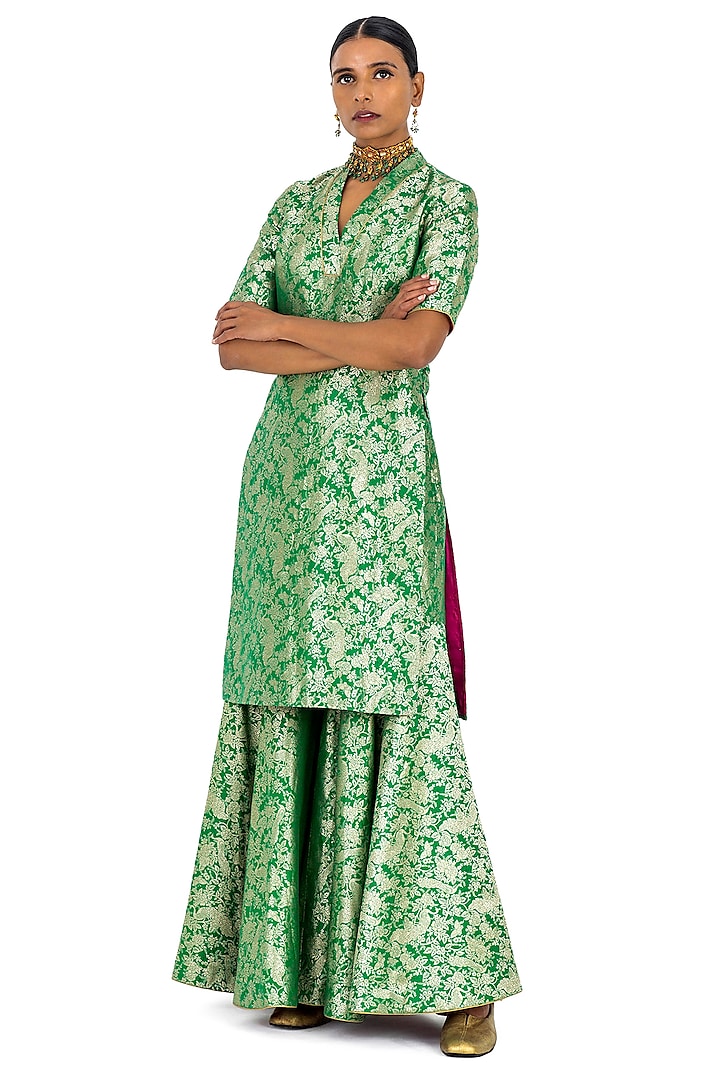 Green Varanasi Silk Brocade Floral Motif Sharara Set by Raw Mango at Pernia's Pop Up Shop