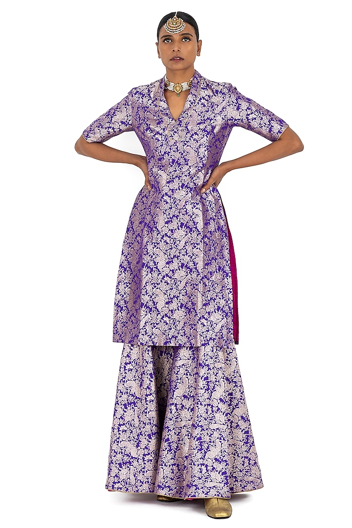 Purple Varanasi Silk Brocade Floral Motif Sharara Set by Raw Mango at Pernia's Pop Up Shop