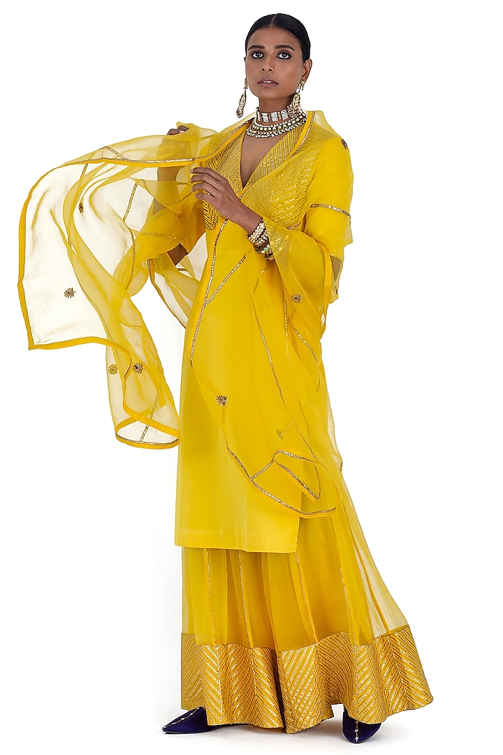 Yellow Organza Silk Gota Embroidered Dupatta by Raw Mango at Pernia's Pop Up Shop