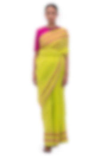 Lime & Pink Cotton Handwoven Saree by Raw Mango at Pernia's Pop Up Shop