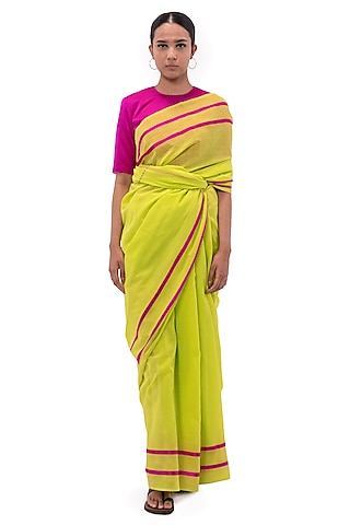 Lime & Pink Cotton Handwoven Saree by Raw Mango