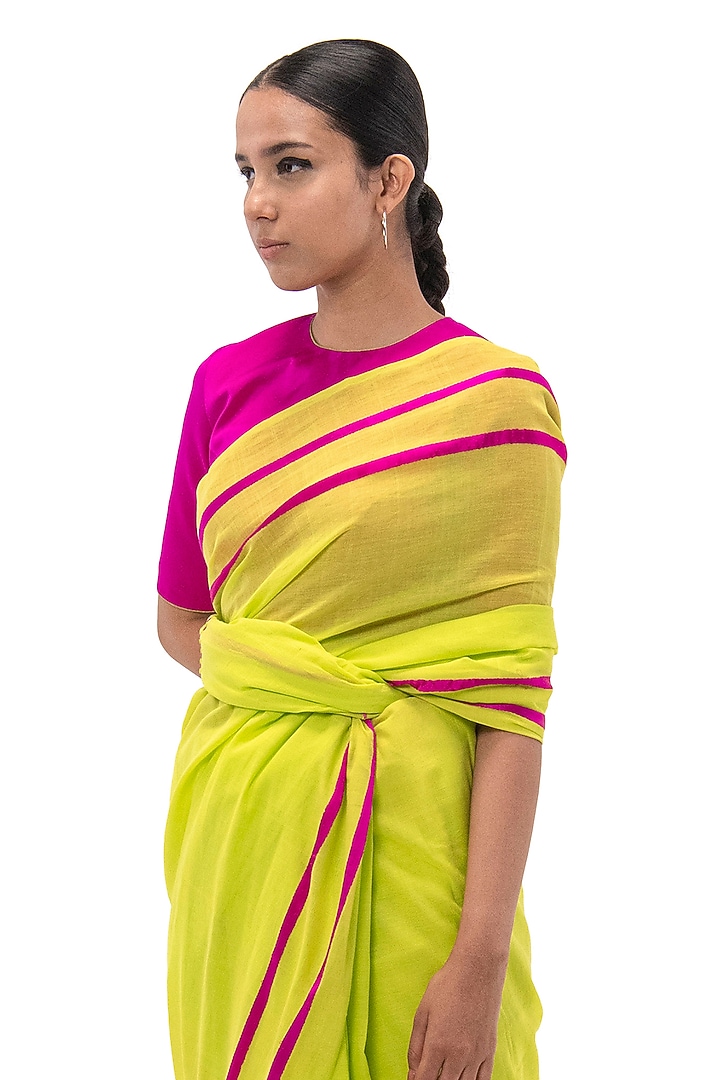 Lime & Pink Cotton Handwoven Festive Saree by Raw Mango at Pernia's Pop Up Shop