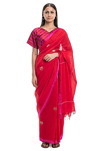 Red Cotton Floral Motif Handwoven Saree by Raw Mango