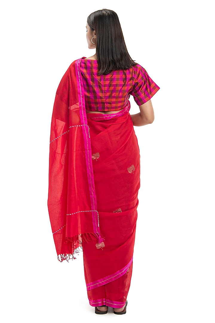 Red Cotton Floral Motif Handwoven Party Wear Saree by Raw Mango at Pernia's Pop Up Shop