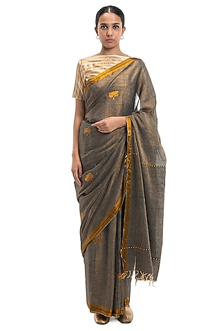 Grey Cotton Floral Motif Handwoven Saree by Raw Mango