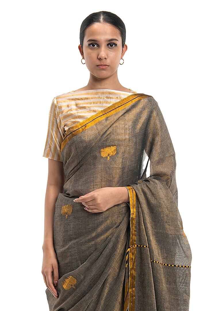 Grey Cotton Floral Motif Handwoven Party Wear Saree by Raw Mango at Pernia's Pop Up Shop