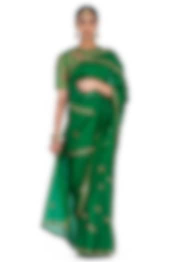 Green Sheer Organza Silk Peacock Motif Embroidered Saree by Raw Mango at Pernia's Pop Up Shop