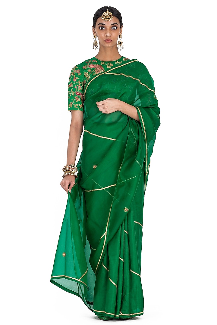 Green Sheer Organza Silk Peacock Motif Embroidered Saree by Raw Mango at Pernia's Pop Up Shop