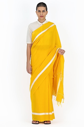 Yellow Cotton Handwoven Saree by Raw Mango