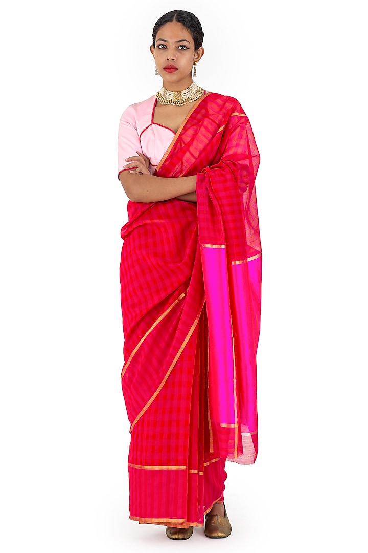 Red & Rani Pink Cotton Silk Checkered Saree by Raw Mango at Pernia's Pop Up Shop