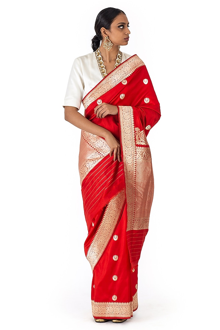 Red Varanasi Silk Brocade Handwoven Saree by Raw Mango at Pernia's Pop Up Shop