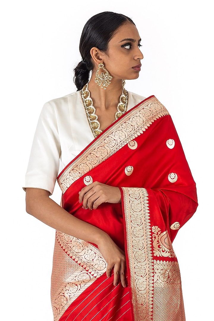 Red Varanasi Silk Brocade Handwoven Reception Saree by Raw Mango at Pernia's Pop Up Shop