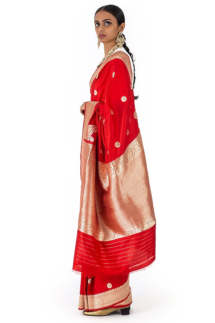 Red Varanasi Silk Brocade Handwoven Reception Saree by Raw Mango at Pernia's Pop Up Shop
