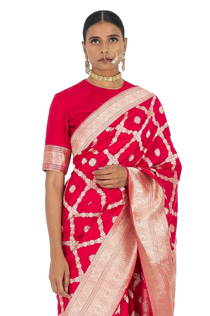 Rajasthani Red Varanasi Silk Brocade Handwoven Reception Saree by Raw Mango at Pernia's Pop Up Shop