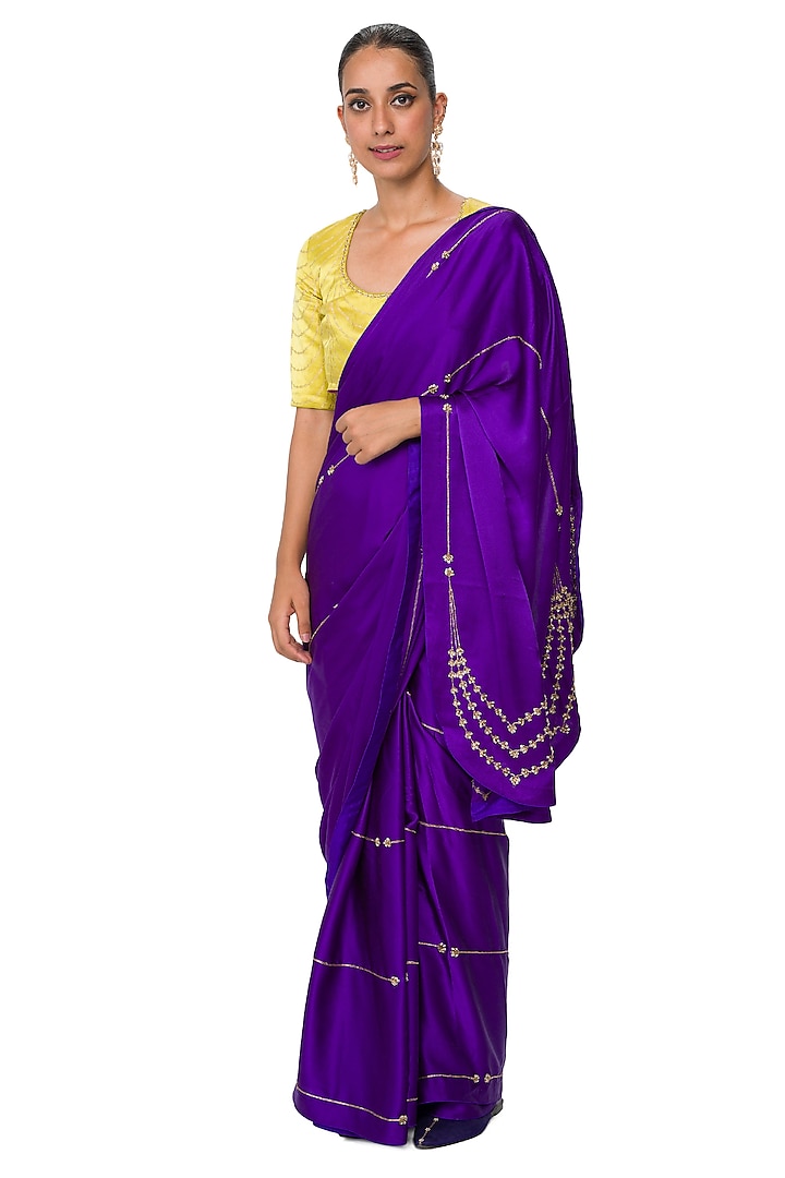 Purple Satin Silk Zardosi Hand Embroidered Handwoven Saree by Raw Mango at Pernia's Pop Up Shop