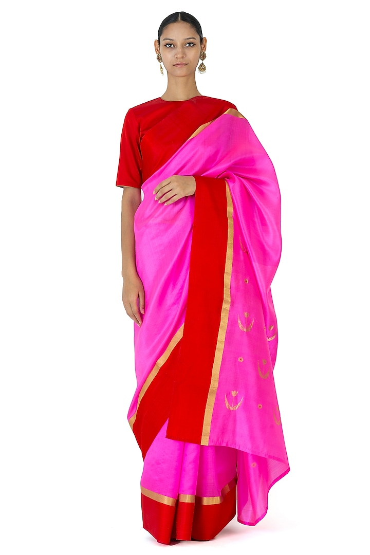 Rani Pink & Orange Chanderi Silk Motif Handwoven Saree by Raw Mango at Pernia's Pop Up Shop