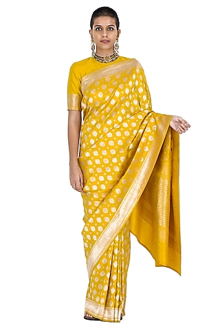 Yellow Varanasi Silk Brocade Floral Boota Handwoven Saree by Raw Mango