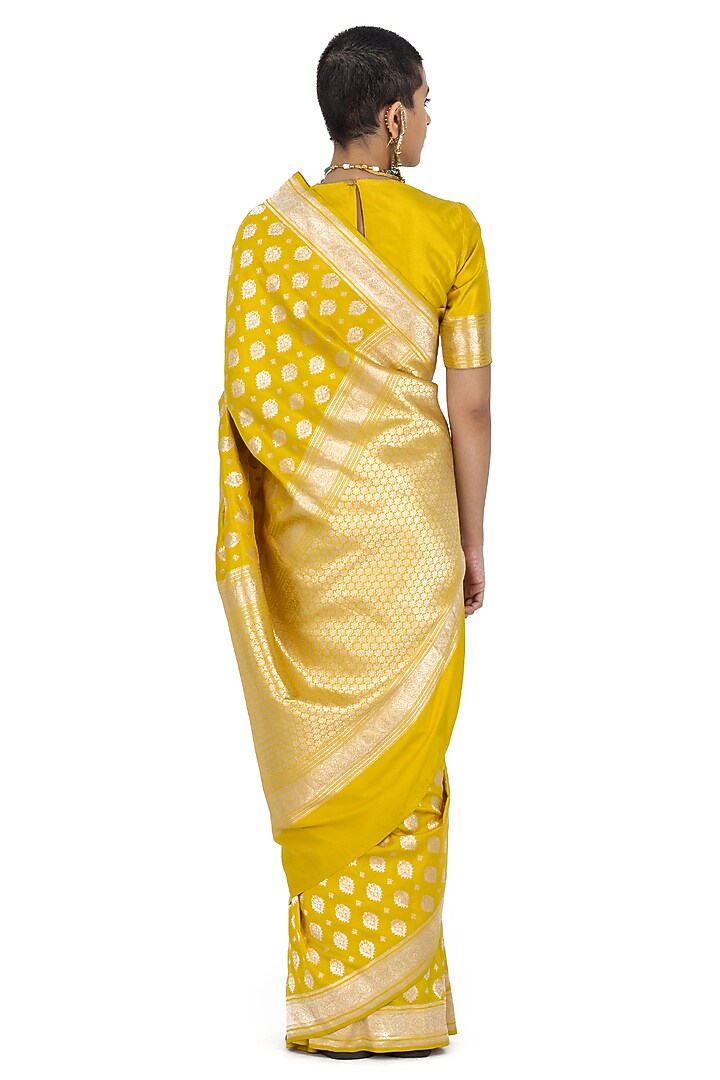Yellow Varanasi Silk Brocade Floral Boota Handwoven Reception Saree by Raw Mango at Pernia's Pop Up Shop
