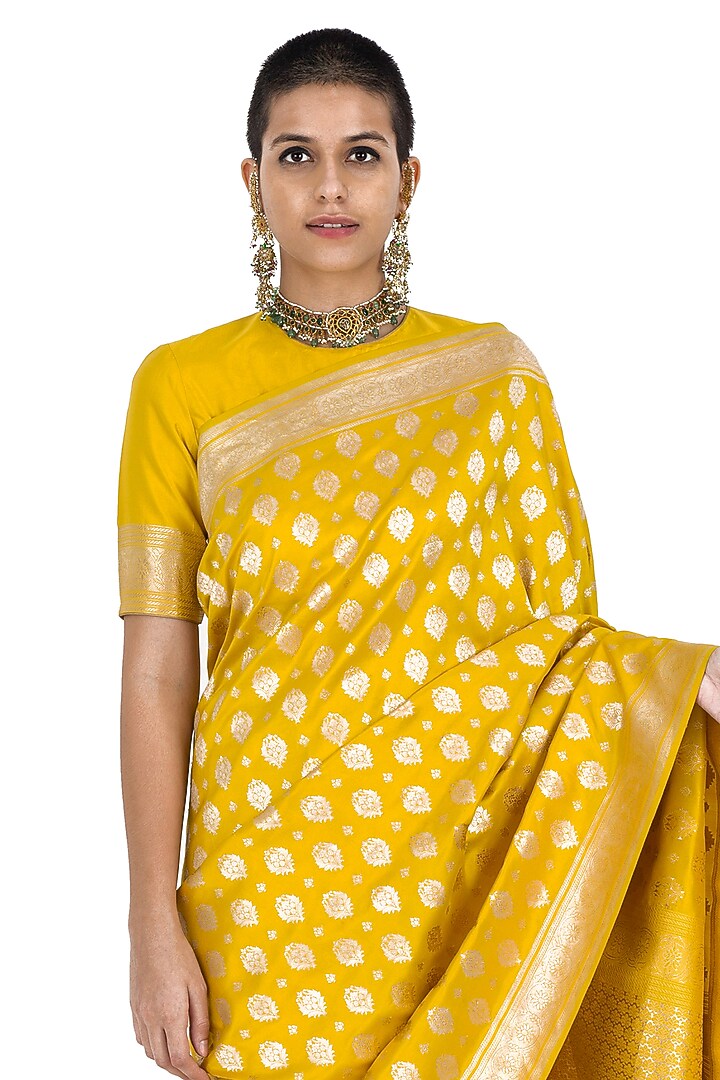 Yellow Varanasi Silk Brocade Floral Boota Handwoven Reception Saree by Raw Mango at Pernia's Pop Up Shop