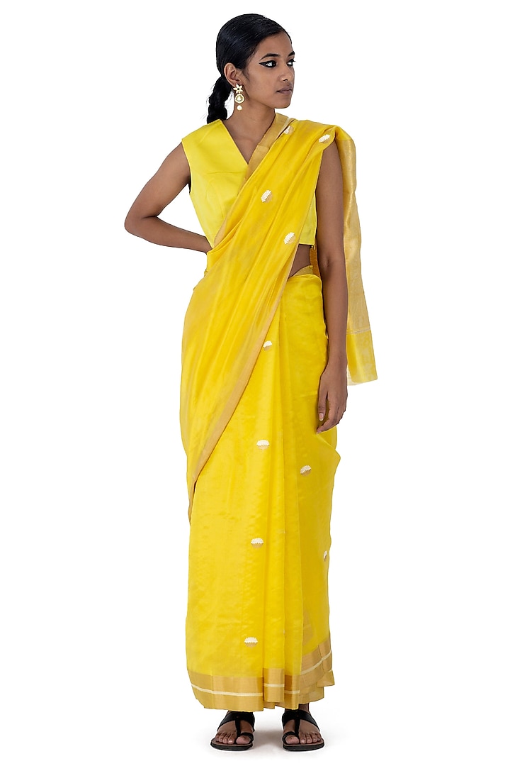 Yellow Chanderi Silk Floral Motif Handwoven Saree by Raw Mango at Pernia's Pop Up Shop