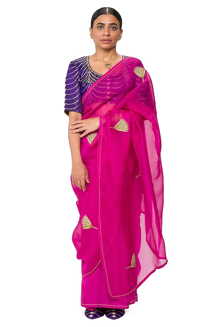 Gulkand Pink Sheer Organza Silk Lotus Embroidered Saree by Raw Mango at Pernia's Pop Up Shop