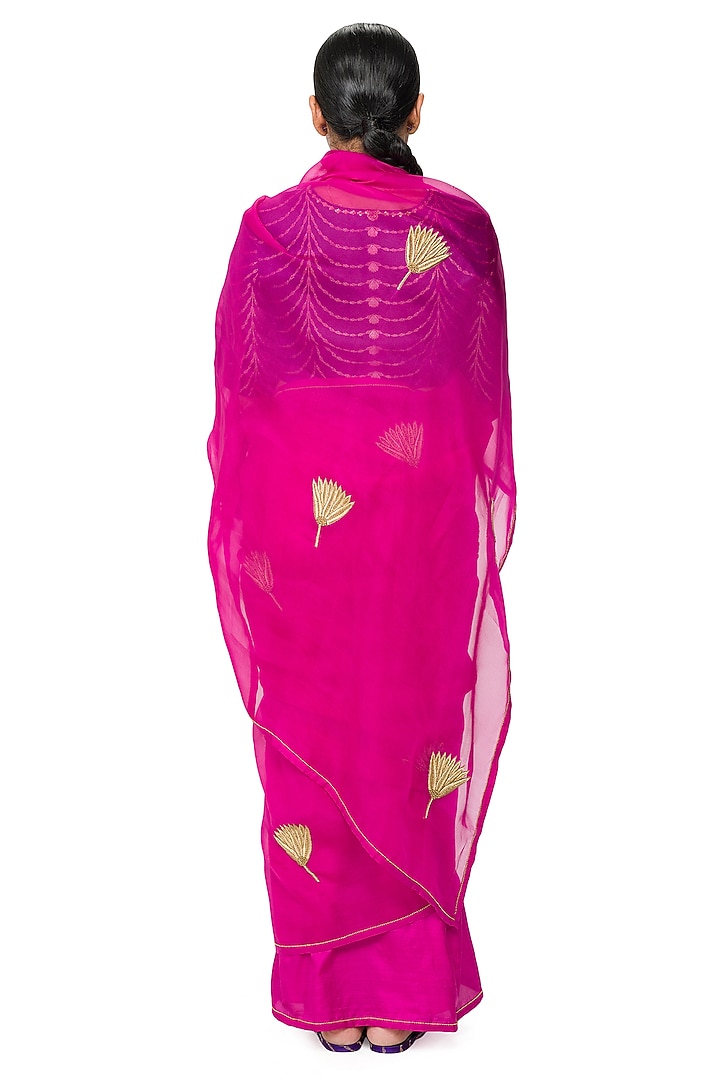Gulkand Pink Sheer Organza Silk Lotus Embroidered Wedding Saree by Raw Mango at Pernia's Pop Up Shop