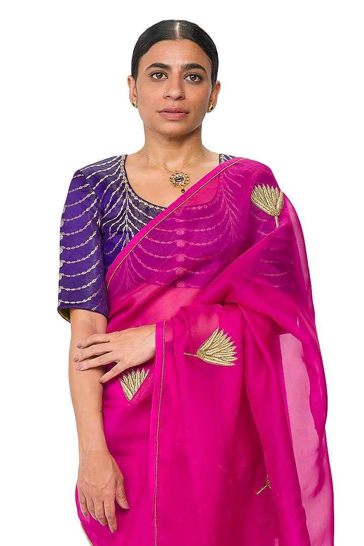 Gulkand Pink Sheer Organza Silk Lotus Embroidered Wedding Saree by Raw Mango at Pernia's Pop Up Shop