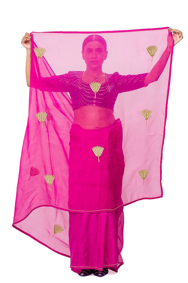 Gulkand Pink Sheer Organza Silk Lotus Embroidered Wedding Saree by Raw Mango at Pernia's Pop Up Shop