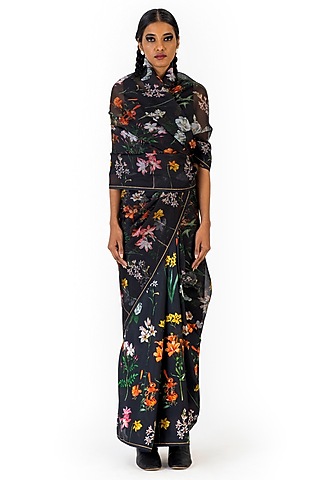 Black Sheer Organza Silk Floral Printed Handwoven Saree by Raw Mango