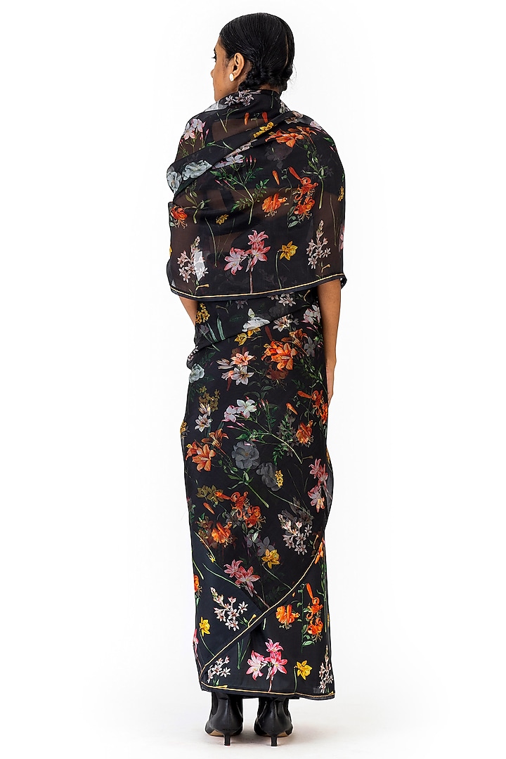 Black Sheer Organza Silk Floral Printed Handwoven Party Wear Saree by Raw Mango at Pernia's Pop Up Shop